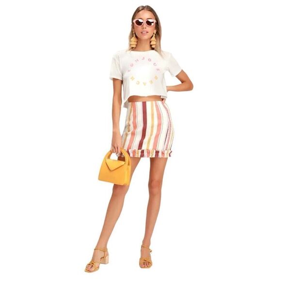 New! Lulus Striped Mini-Skirt With Ruffled Hem Sz S - Picture 1 of 4